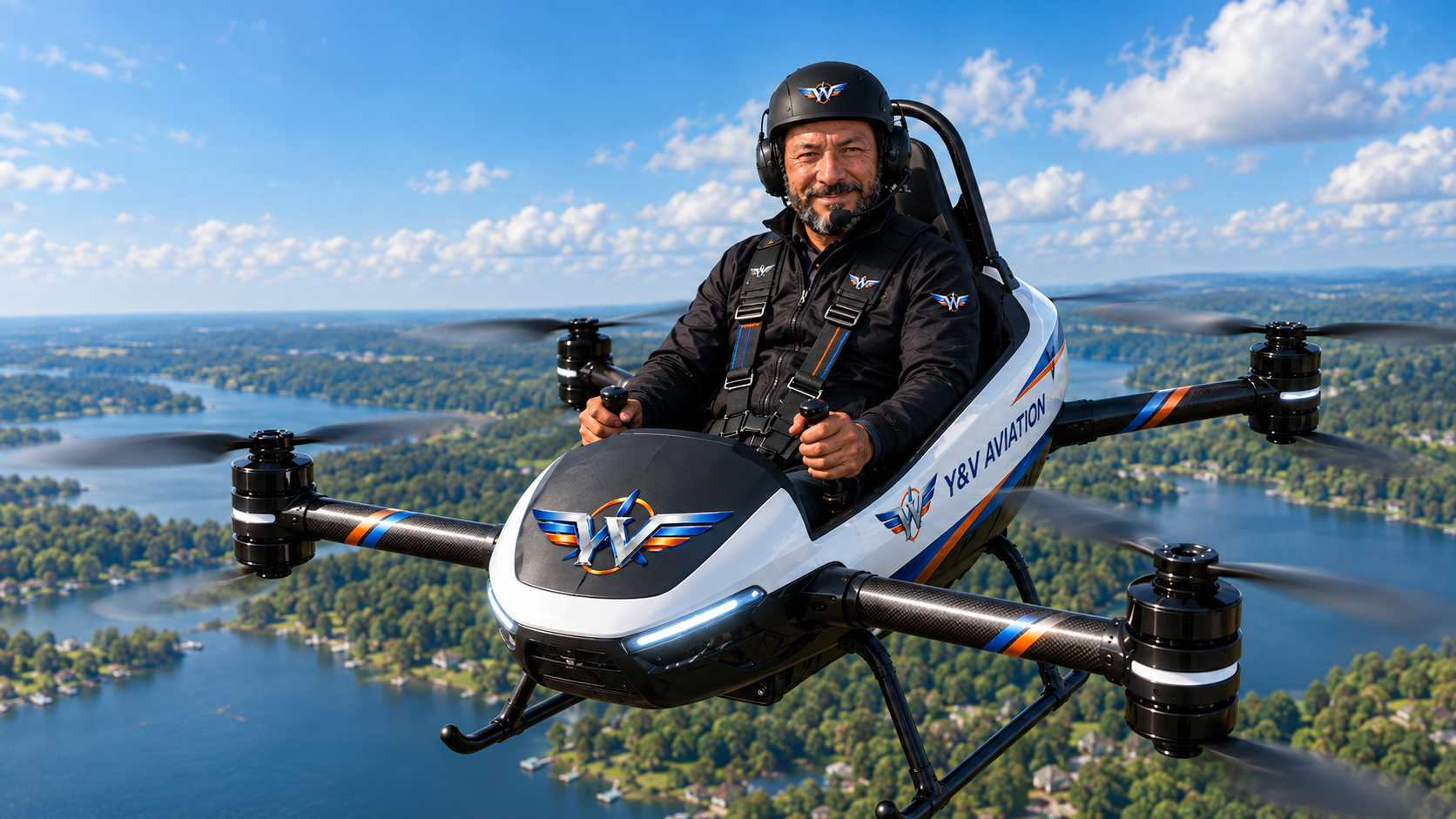 Concept visualization of a Y&V Aviation personal electric aircraft in flight